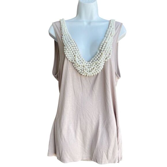 BOSTON PROPER Jewel Neck Beaded Tunic Tank Top XL Beige Scoop-neck Modal Knit - Picture 1 of 3
